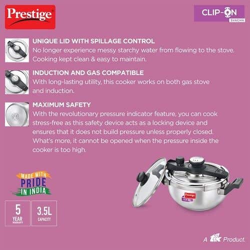 Prestige Clip-on Svachh Stainless Steel Spillage Control Pressure Cooker, (Silver)