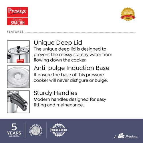 Prestige Nakshatra Plus Svachh Aluminium Inner Lid Pressure Cooker with Unique Deep Lid for Spillage Control