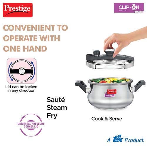 Prestige Clip-on Mini Svachh Stainless Steel Spillage Control Pressure Cooker with Glass Lid, (Silver)