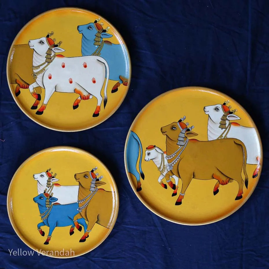 Pichwai Cows Handpainted Wall Plates - Set of 3