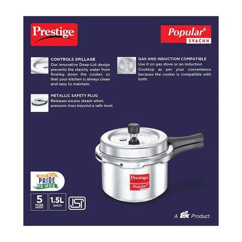 Prestige Popular Plus Svachh Virgin Aluminium Spillage Control Pressure Cooker (Silver)