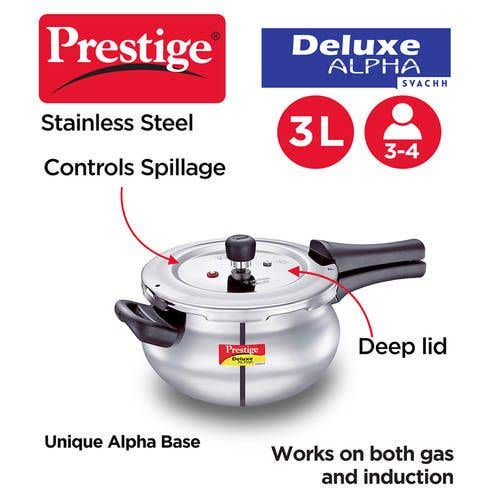 Prestige Deluxe Alpha Svachh Stainless Steel Spillage Control Handi Pressure Cooker (Silver)