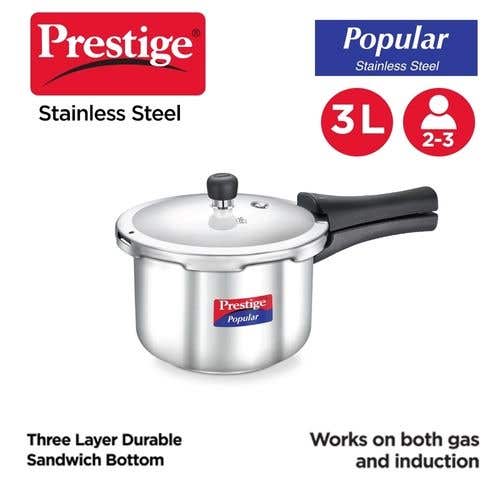 Prestige Popular Stainless Steel Gas and Induction Compatible Pressure Cooker (Silver)