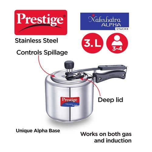 Prestige Nakshatra Alpha Svachh Stainless Steel Spillage Control Pressure Cooker (Silver)