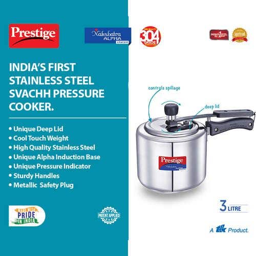Prestige Nakshatra Alpha Svachh Stainless Steel Spillage Control Pressure Cooker (Silver)