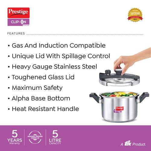 Prestige Clip-on Svachh Stainless Steel Spillage Control Pressure Cooker with Glass Lid, (Silver)