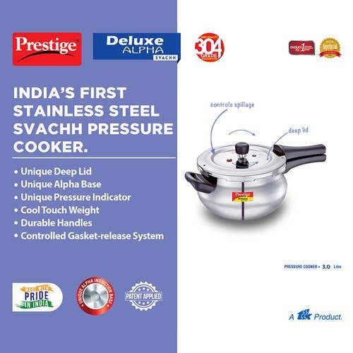 Prestige Deluxe Alpha Svachh Stainless Steel Spillage Control Handi Pressure Cooker (Silver)