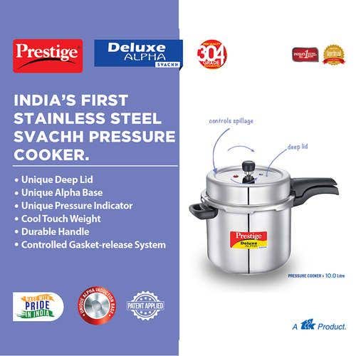 Prestige Deluxe Alpha Svachh Stainless Steel Spillage Control Pressure Cooker (Silver)Handi with Glass lid 1.5L
