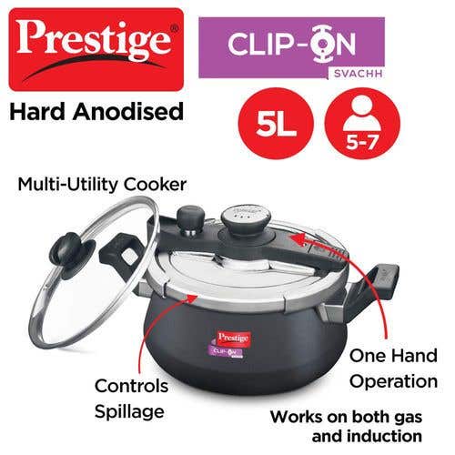 Prestige Clip-on Svachh Hard Anodised Spillage Control Pressure Cooker (Black)