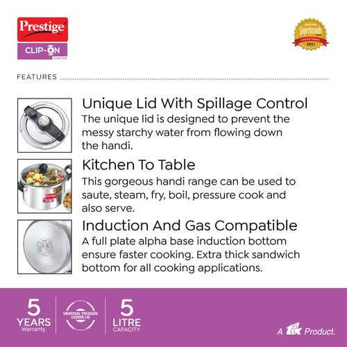 Prestige Clip-on Svachh Stainless Steel Spillage Control Pressure Cooker with Glass Lid, (Silver)