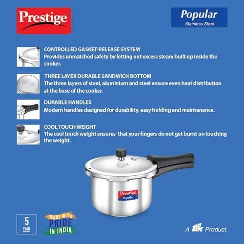 Prestige Popular Stainless Steel Gas and Induction Compatible Pressure Cooker (Silver)